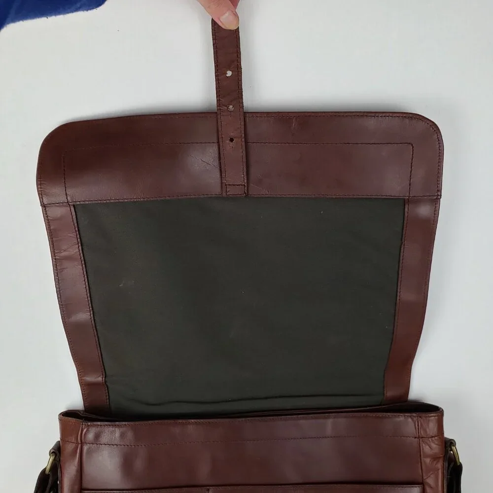 J Crew Cognac Brown Leather Messenger Bag Postal Briefcase Crossbody Satchel
